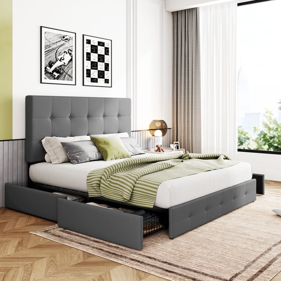 Sha Cerlin Light Grey Queen Fabric Platform Bed Frame with 4 Storage Drawers & Adjustable Headboard, Adult