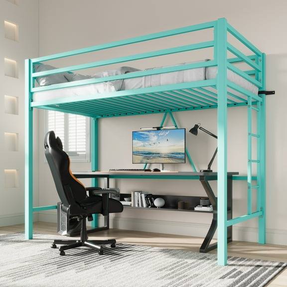 Sha Cerlin Metal Loft Bed Twin Size with Safety Guard & Removable Ladder, Green