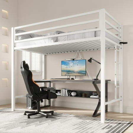 Sha Cerlin Metal Loft Bed Twin Size with Safety Guard & Removable Ladder, White