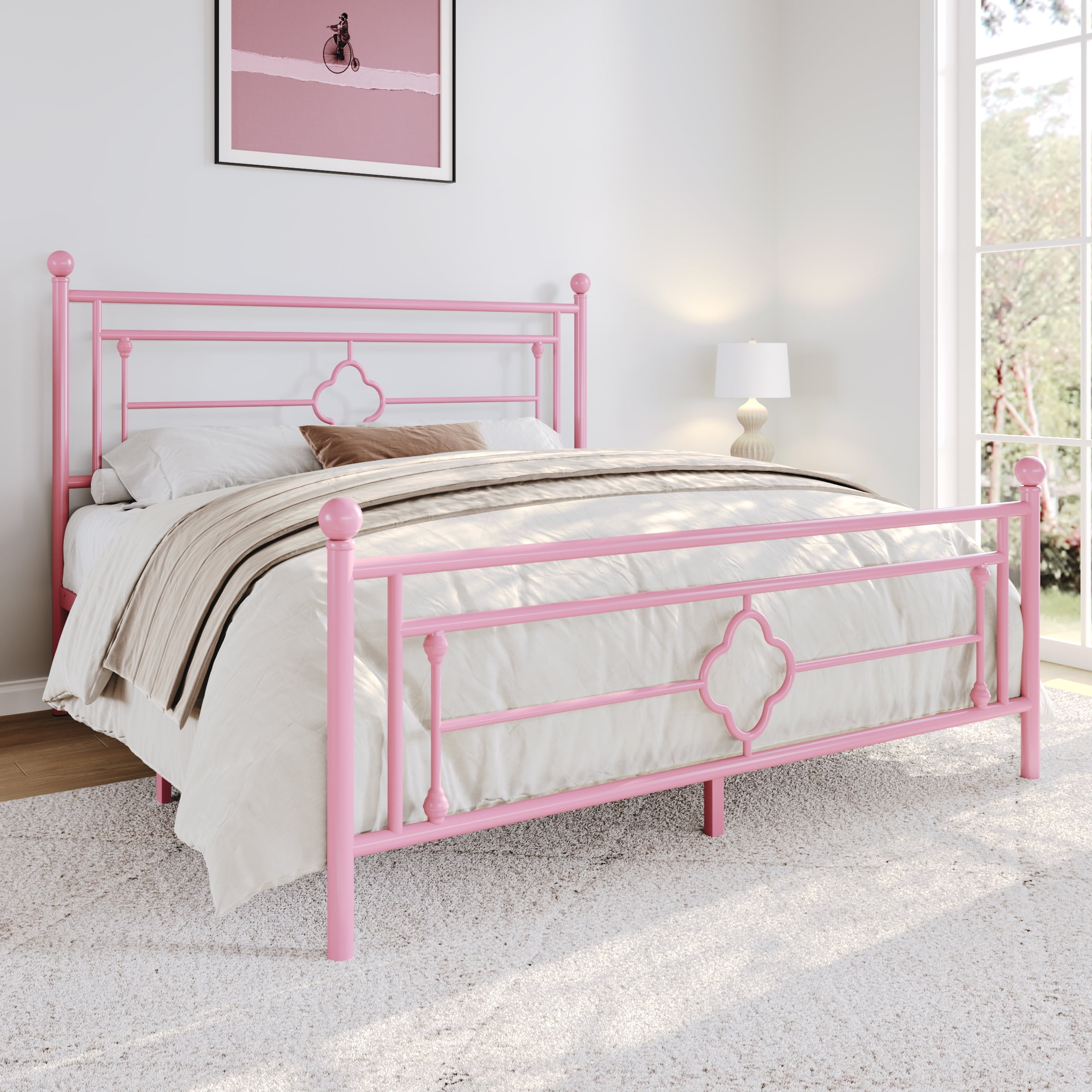Sha Cerlin Pink Queen Size Metal Platform Bed Frame with Victorian Vintage Headboard