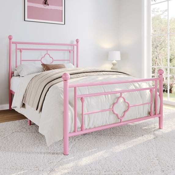 Sha Cerlin Pink Twin Size Metal Platform Bed Frame with Victorian Vintage Headboard & Underbed Storage, Adult