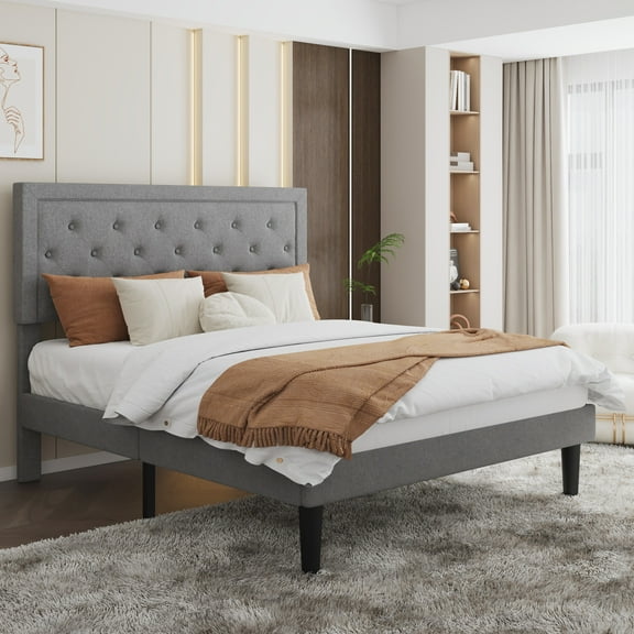 SHA CERLIN Queen Bed Frame with Adjustable Headboard, Fabric Upholstered Platform Bed, No Box Spring Required, Light Gray