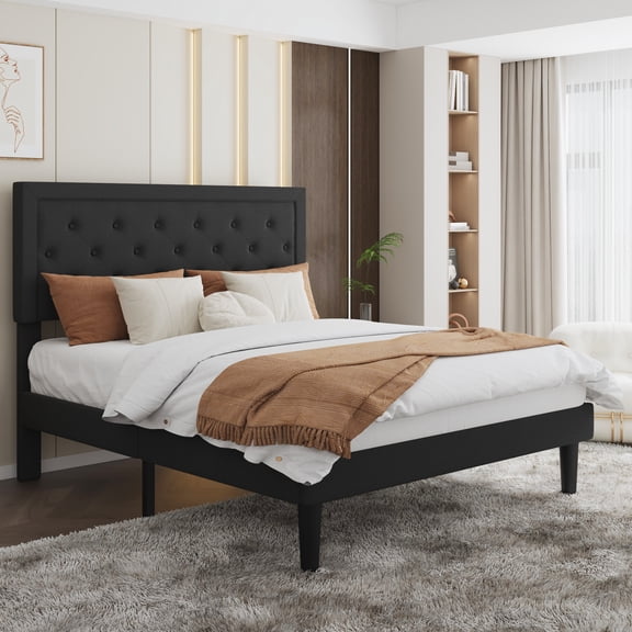 SHA CERLIN Queen Bed Frame with Adjustable Headboard, Fabric Upholstered Platform Bed, No Box Spring Required, Black