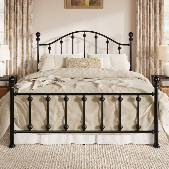 Sha Cerlin Queen Metal Platform Bed Frame, Victorian Style Platform Bed with Curved Headboard, Heavy Duty Steel Slats, No Box Spring Needed, Black