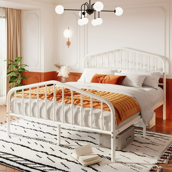 Sha Cerlin Queen Size Bed Frame, Metal Platform Bed with Victorian Vintage Headboard & Footboard, White