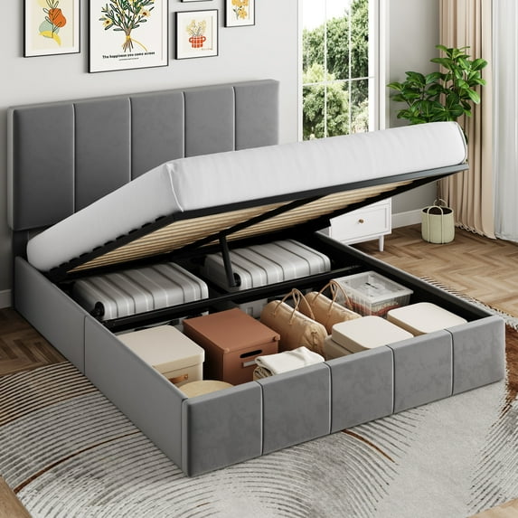 Sha Cerlin Queen Size Lift Up Storage Bed Frame, Adjustable Headboard, Hydraulic Support, Velvet Upholstered, Easy Installation, No Box Spring Needed, Gray