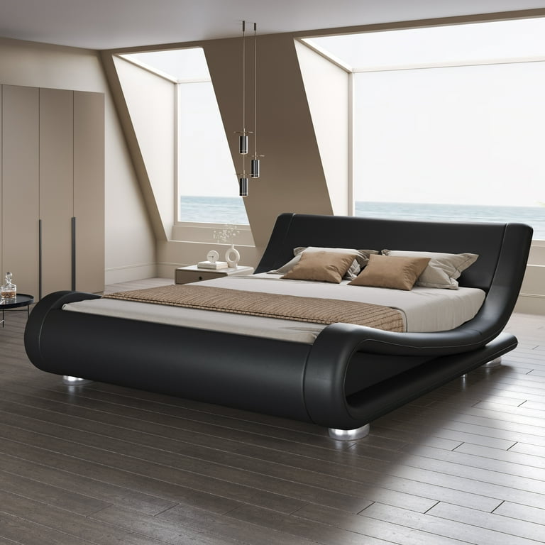 Sha Cerlin Queen Size Low Profile Sleigh Leather Platform Bed with Faux Leather Ergonomics Headboard Black