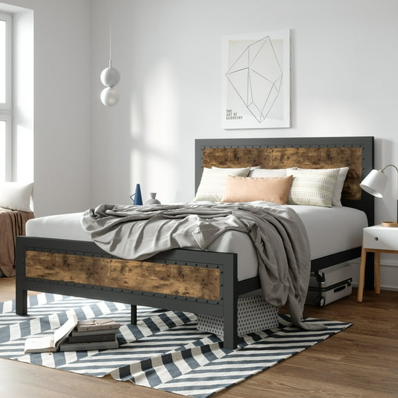 Sha Cerlin Queen Size Metal Platform Bed Frame, Industrial Wooden with Rivet Headboard and Steel Slat Support, Brown