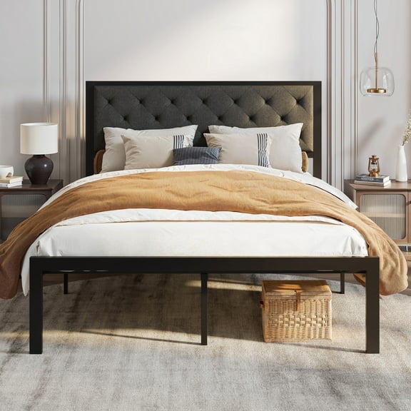 Sha Cerlin Queen Size Metal Platform Bed Frame with Tufted Headboard & Underbed Storage, Dark Gray