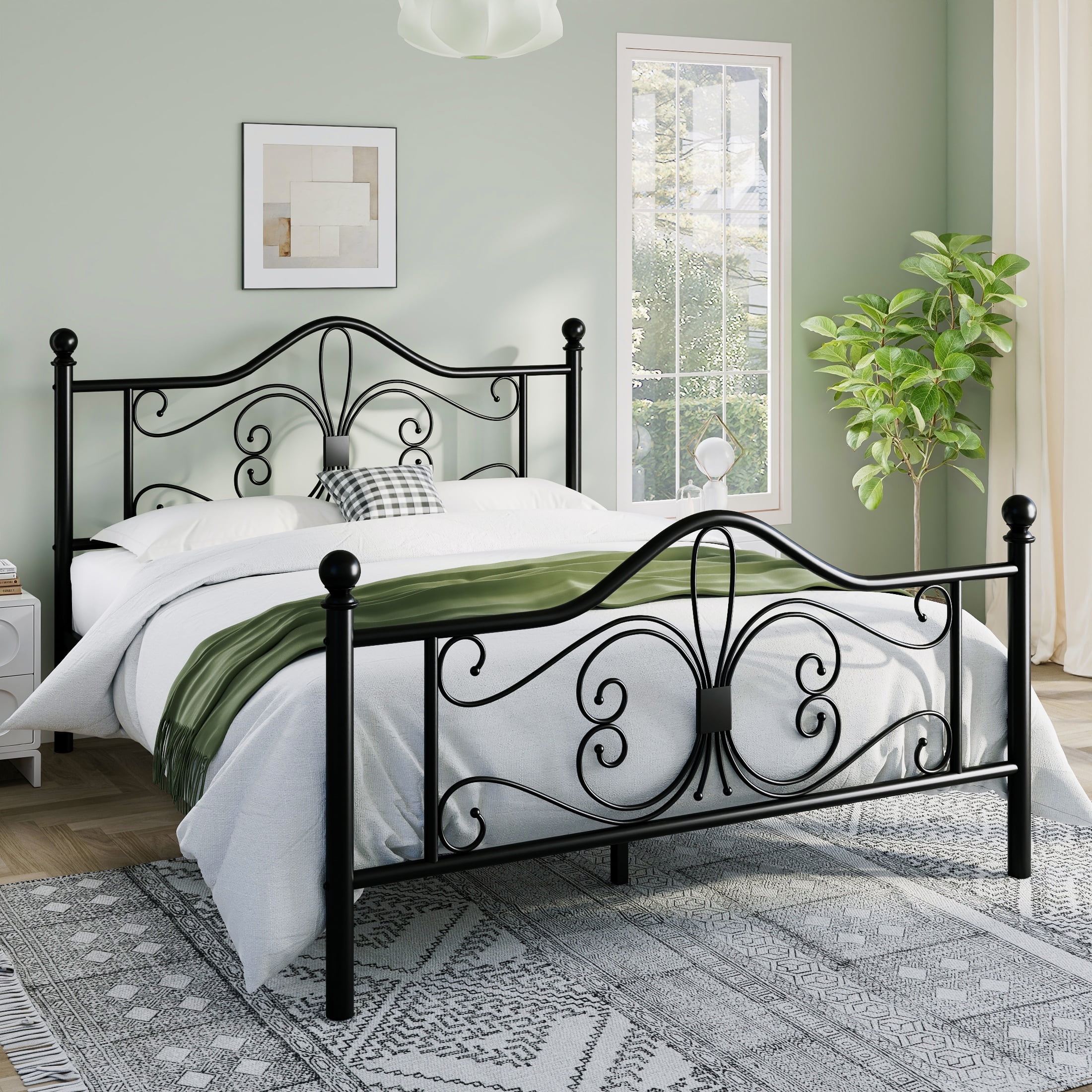 Sha Cerlin Queen Size Metal Platform Bed Frame with Victorian Vintage Butterfly Headboard&Footboard, Black