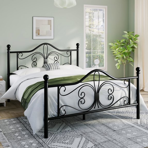 Sha Cerlin Queen Size Metal Platform Bed Frame with Victorian Vintage Butterfly Headboard&Footboard, Black