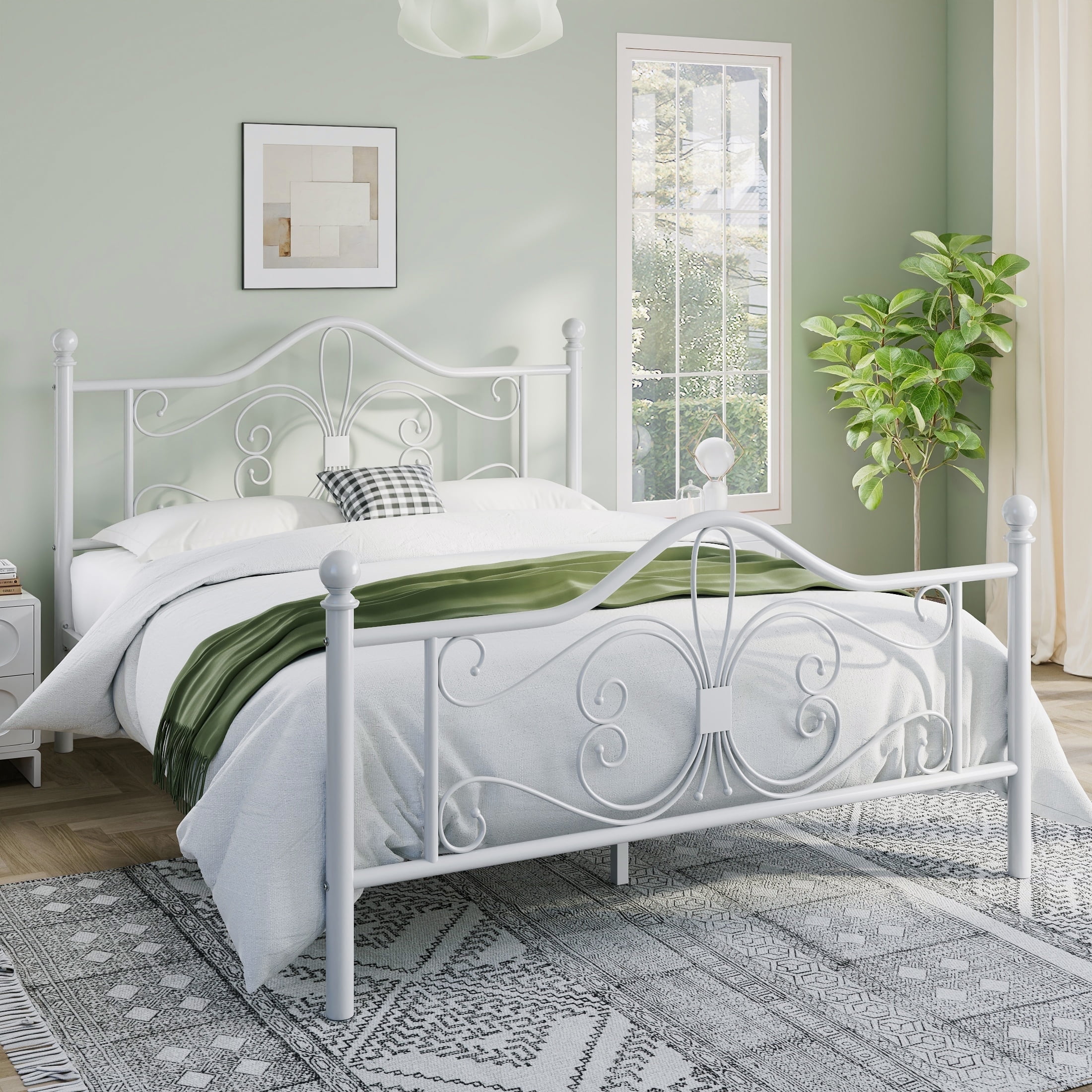 Sha Cerlin Queen Size Metal Platform Bed Frame with Victorian Vintage Butterfly Headboard&Footboard, White