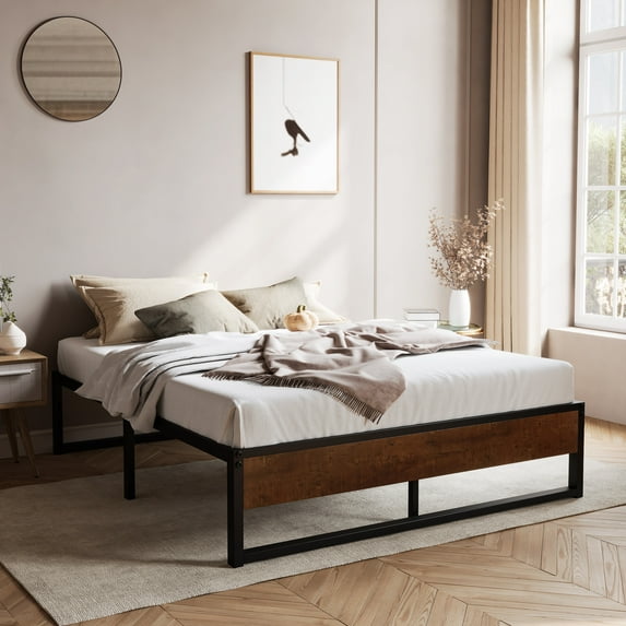 Sha Cerlin Queen Size Metal Platform Bed Frame with Wooden Board & Underbed Storage, Mattress Foundation
