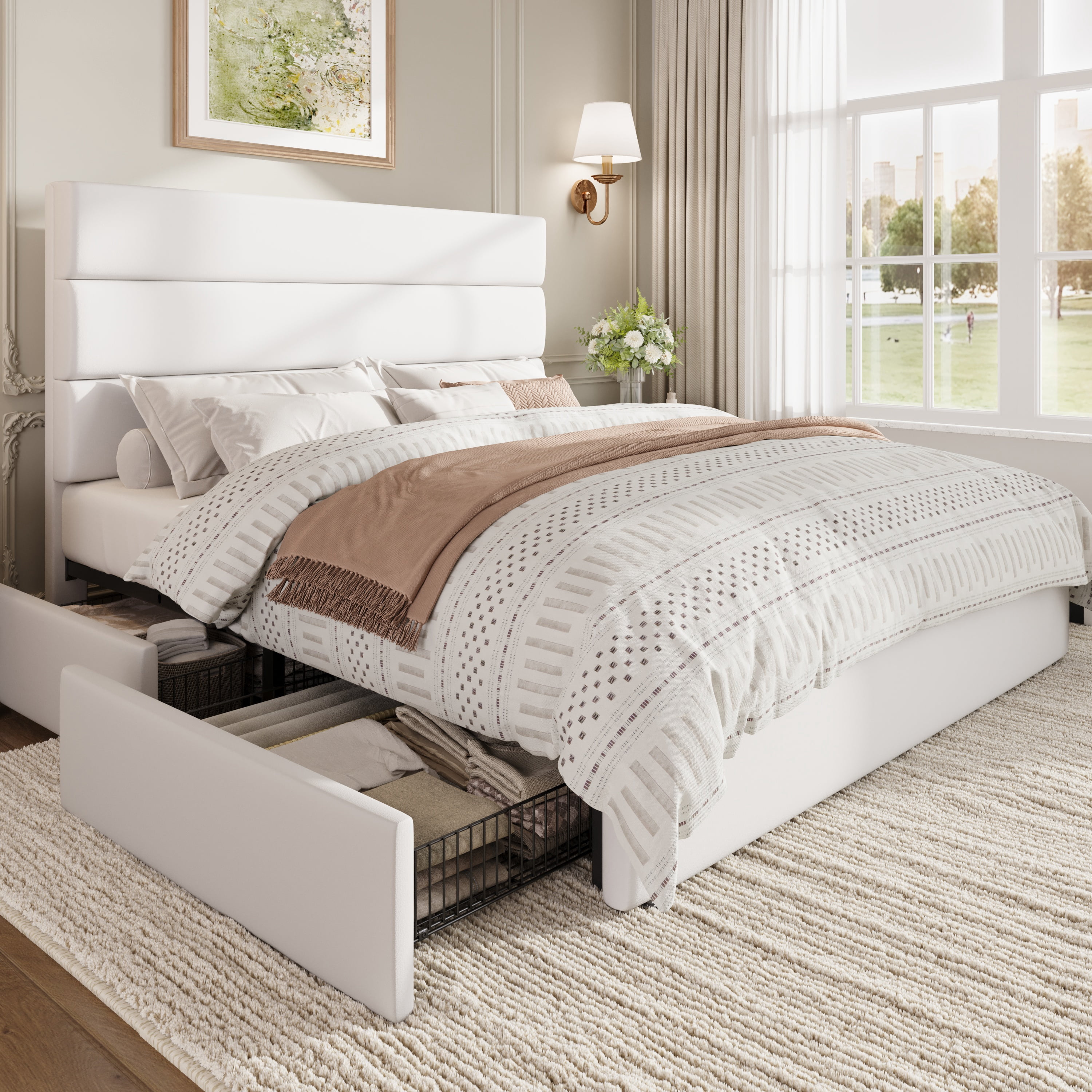 Sha Cerlin Queen Size Platform Bed Frame with 4 Storage Drawers, Velvet Upholstered Headboard, White
