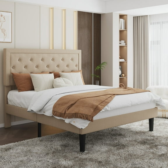 SHA CERLIN Queen Bed Frame with Adjustable Headboard, Fabric Upholstered Platform Bed, No Box Spring Required, Beige