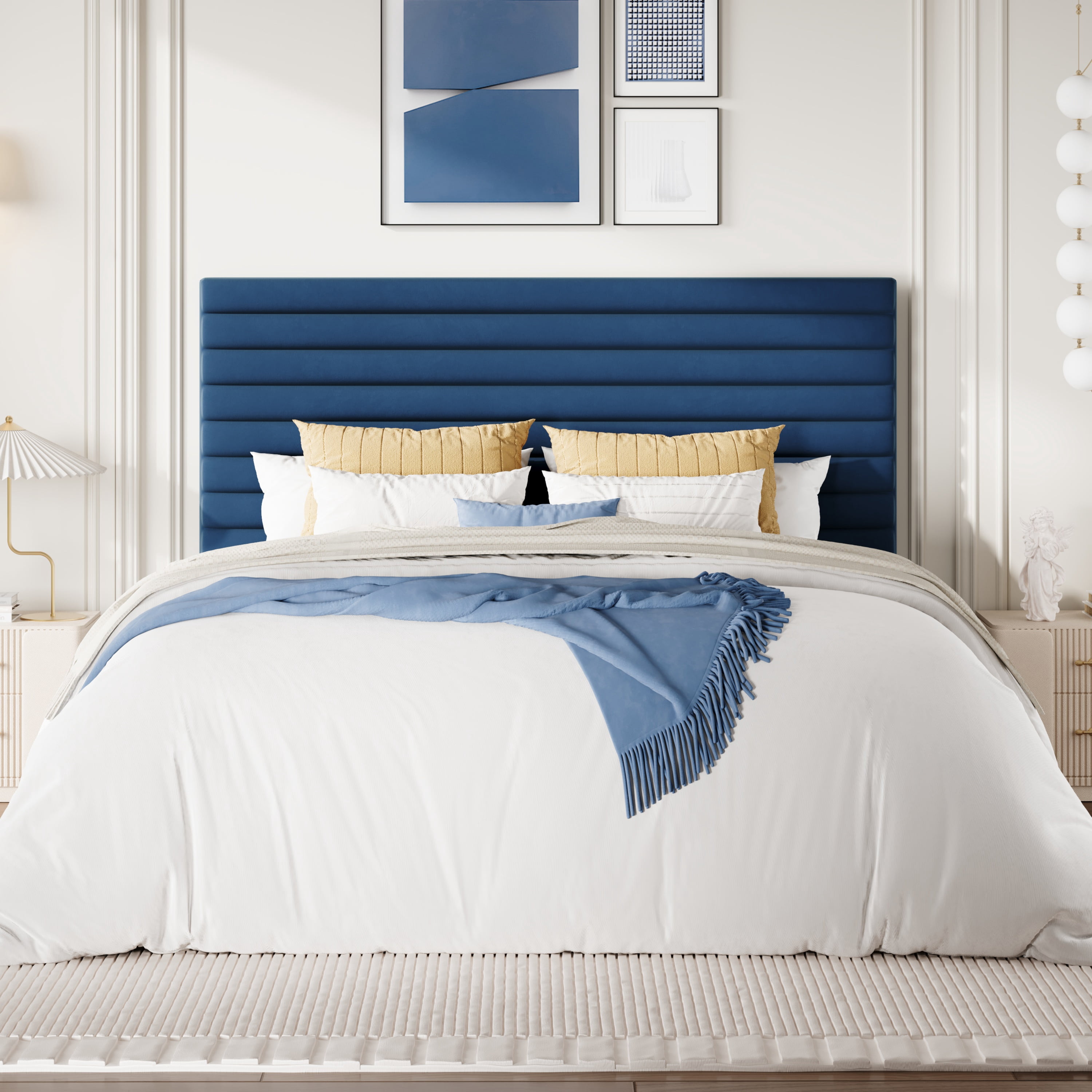 Sha Cerlin Queen Size Platform Bed Frame with Velvet Adjustable Headboard, No Box Spring Needed, Dark Blue