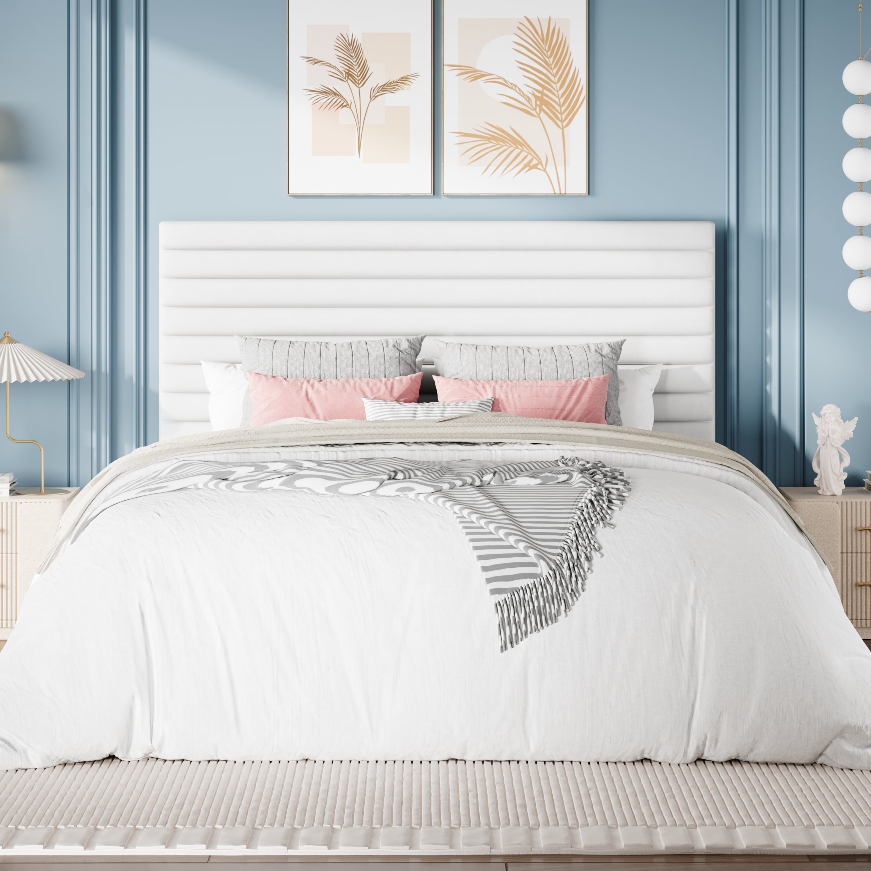 Sha Cerlin Queen Size Platform Bed Frame with Velvet Adjustable Headboard, No Box Spring Needed, White