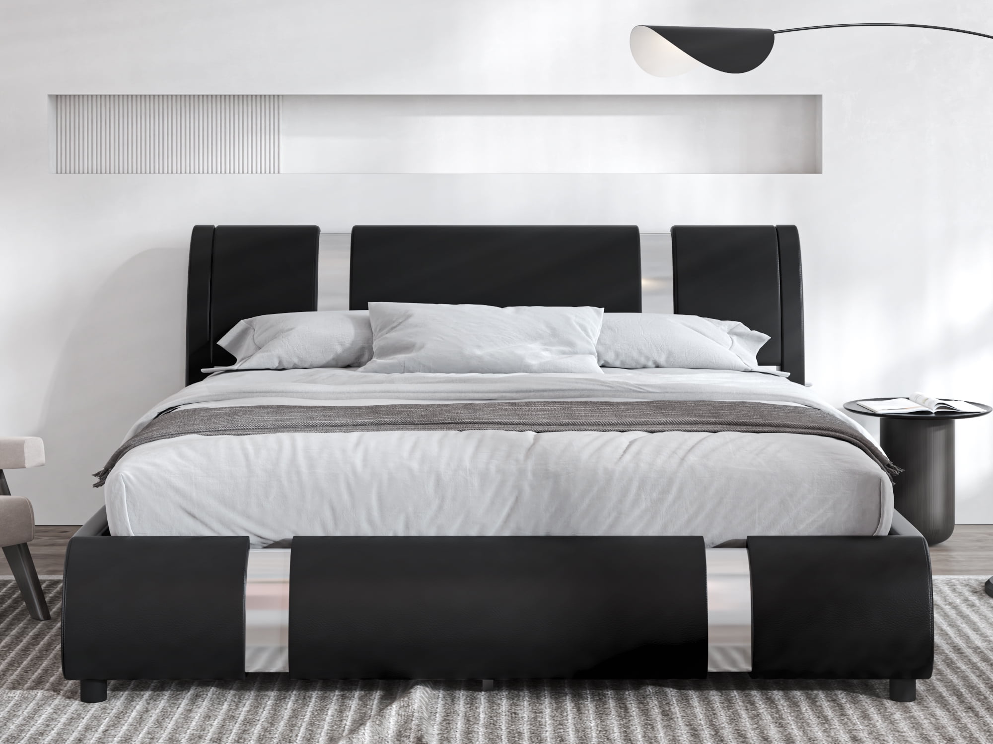 Sha Cerlin Queen Size Platfrom Bed Frame with Iron Pieces Decor and Deluxe Upholstered Modern Adjustable Headboard, Black