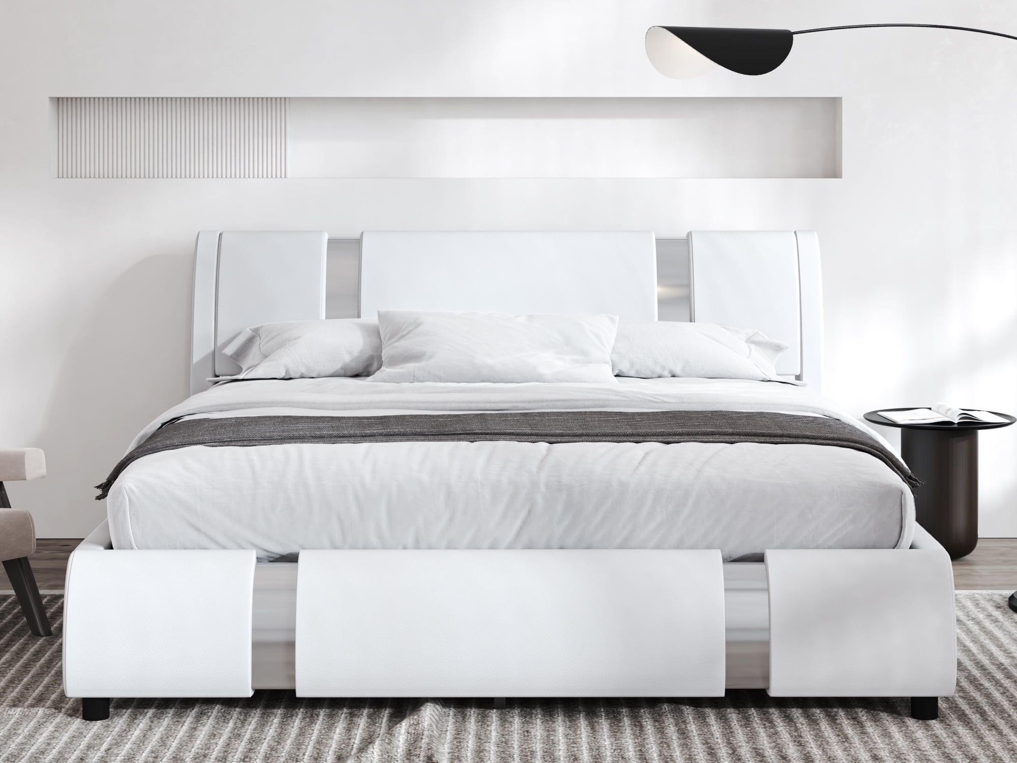 Sha Cerlin Queen Size Platfrom Bed Frame with Iron Pieces Decor and Deluxe Upholstered Modern Adjustable Headboard, White