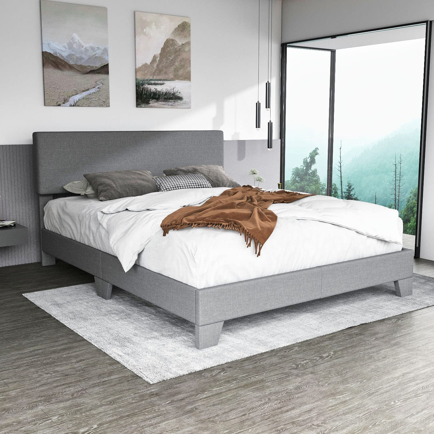 Sha Cerlin Queen Size Upholstered Platform Bed Fame with Adjustable Fabric Headboard, Wood Slat Support, Light Grey