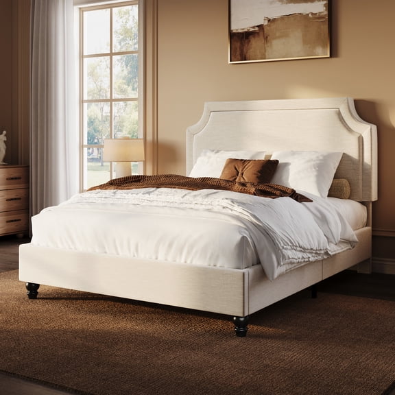Sha Cerlin Queen Size Upholstered Platform Bed Frame, 50.6"-54.5" Height Adjustable Minimalist Chenille Headboard, Strong Support, Noise-Free, No Box Spring Required, Beige