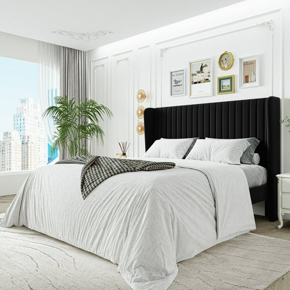 Sha Cerlin Queen Size Upholstered Platform Bed Frame with Velvet Channel Wingback Headboard, Black