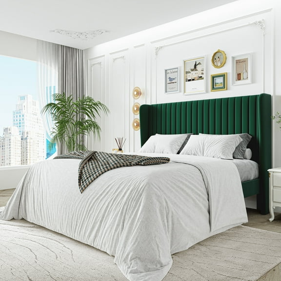 Sha Cerlin Queen Size Upholstered Platform Bed Frame with Velvet Channel Wingback Headboard, Green