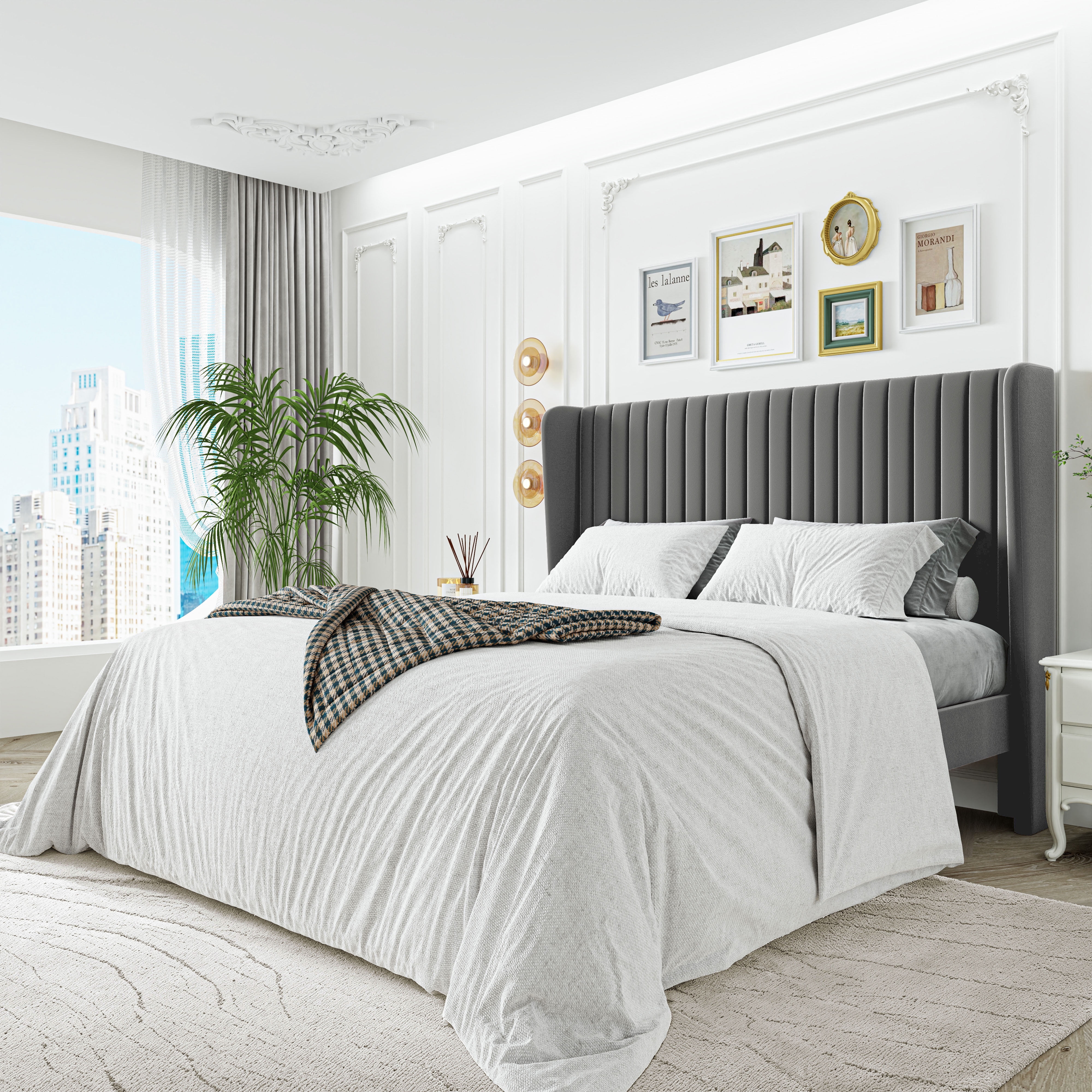 Sha Cerlin Queen Size Upholstered Platform Bed Frame with Velvet Channel Wingback Headboard, Light Grey
