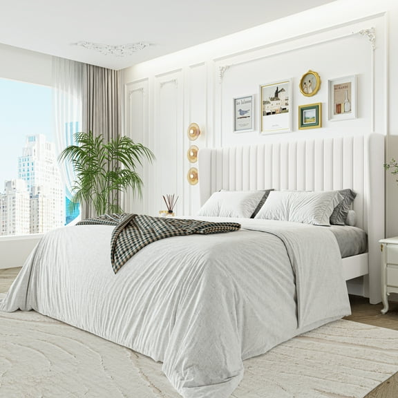 Sha Cerlin Queen Size Upholstered Platform Bed Frame with Velvet Channel Wingback Headboard, Off White