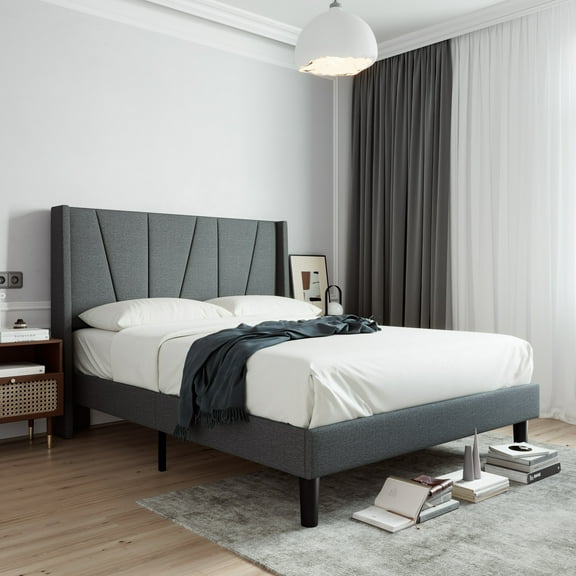 Sha Cerlin Queen Bed Frame,Upholstered Platform Bed with Wingback and Geometric Headboard,Gray
