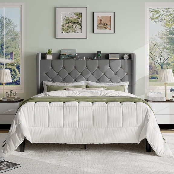 Sha Cerlin Queen Size Platform Bed Frame with Charging Station, Velvet Wingback Headboard with Storage Shelf, Wooden Slats Support, Ample Under-Bed Space, No Box Spring Needed, Easy Assembly, Gray