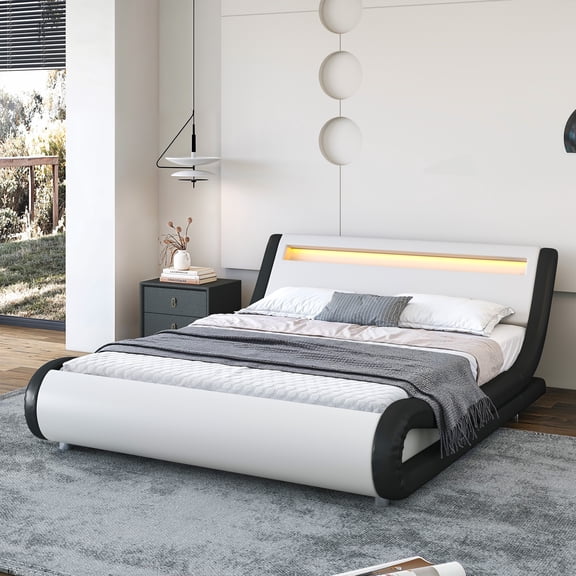 Sha Cerlin Queen Size Wave-Like Curve PU Leather Platform Bed Frame with Adjustable Headboard and LED Lights, White+Black