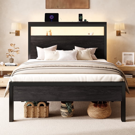 Sha Cerlin Twin Bed Frame, 2-Tier Storage Headboard, LED, Charging Station | Wood Metal Platform with Footboard, No Box Spring Needed, Noise-free, Under Bed Storage, Black Oak