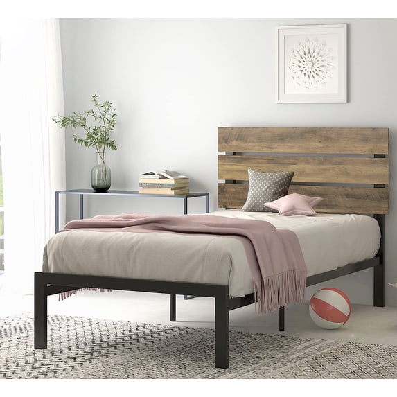 Sha Cerlin Twin Rustic Style Metal Platform Bed with Headboard and Metal Slats, Brown, Adults