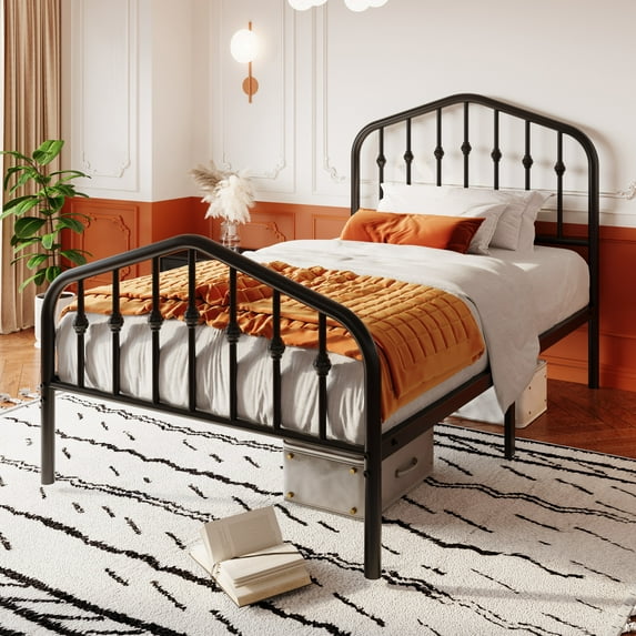Sha Cerlin Twin Size Bed Frame, Metal Platform Bed with Victorian Vintage Headboard & Footboard, Black