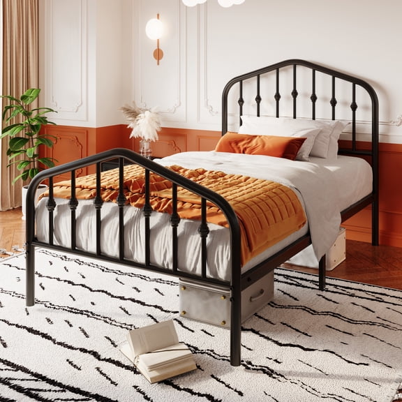 Sha Cerlin Twin Size Bed Frame, Metal Platform Bed with Victorian Vintage Headboard & Footboard, Black