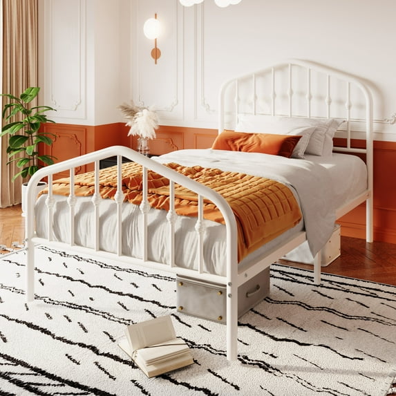 Sha Cerlin Twin Size Bed Frame, Metal Platform Bed with Victorian Vintage Headboard & Footboard, White
