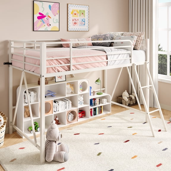 Sha Cerlin Twin Size Metal Low Loft Bed, Soft Bumper Edges with 14" Guardrail & Angled Ladder, Space-Saving for Dormitory and Bedroom, White