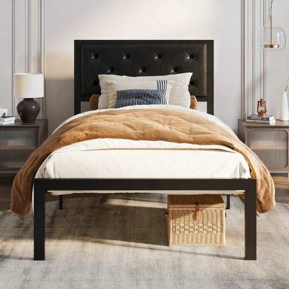 Sha Cerlin Twin Size Metal Platform Bed Frame with Faux Leather Tufted Headboard & Underbed Storage, Black
