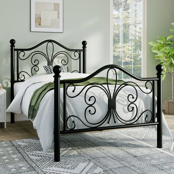 Sha Cerlin Twin Size Metal Platform Bed Frame with Victorian Vintage Butterfly Headboard&Footboard, Black