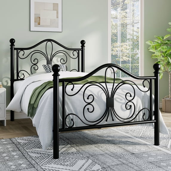 Sha Cerlin Twin Size Metal Platform Bed Frame with Victorian Vintage Butterfly Headboard&Footboard, Black