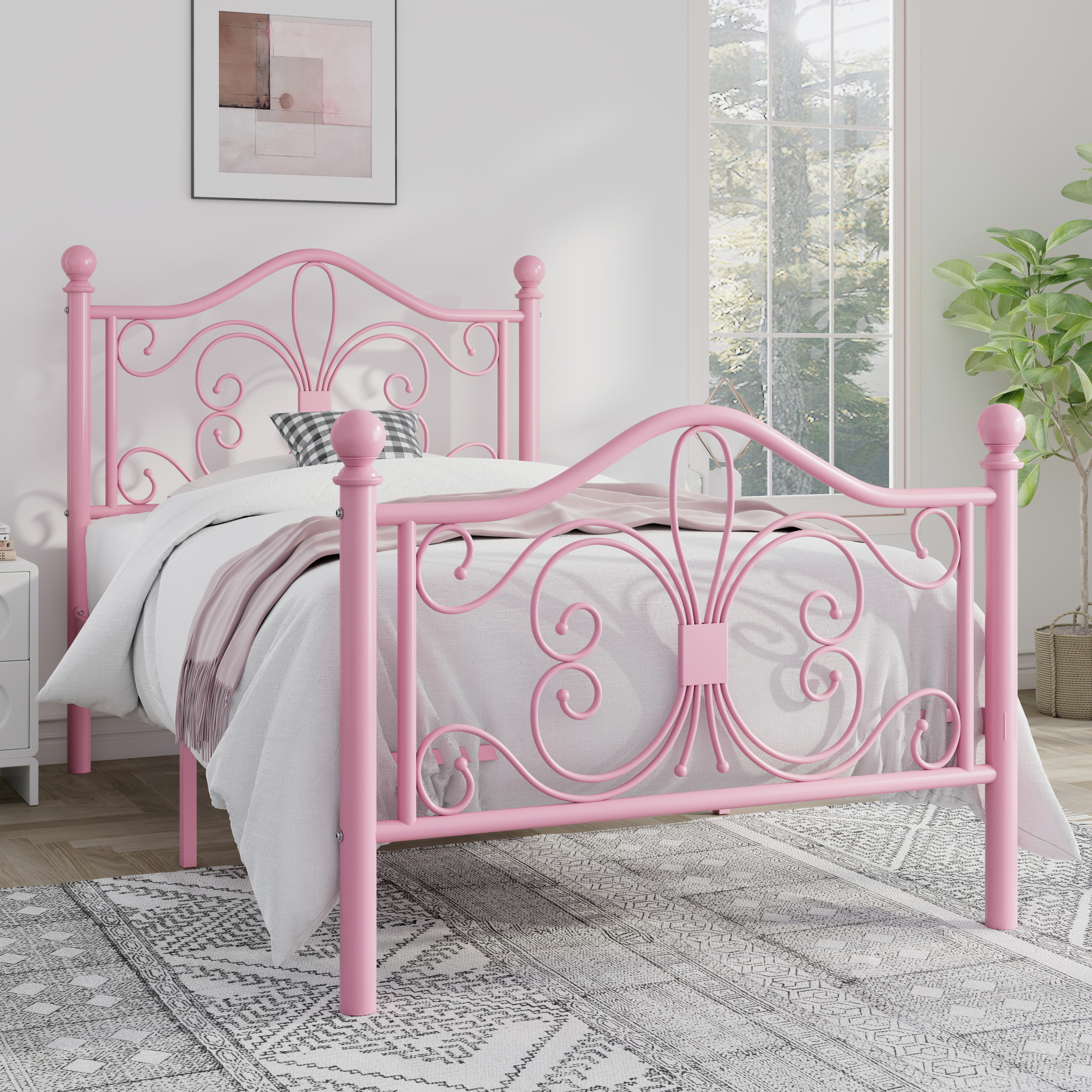 Sha Cerlin Twin Size Metal Platform Bed Frame with Victorian Vintage Butterfly Headboard&Footboard, Pink