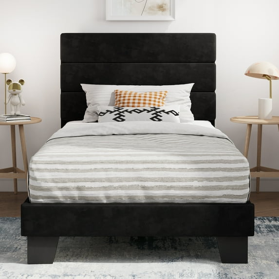 Sha Cerlin Twin Size Platform Bed Frame with Upholstered Velvet Headboard, Black