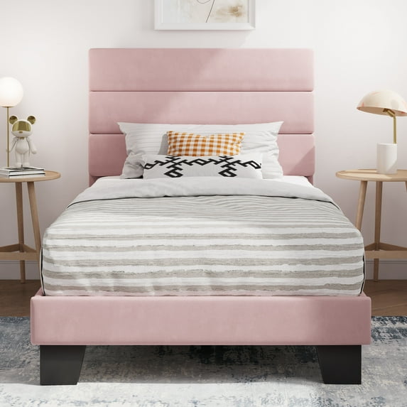 Sha Cerlin Twin Size Platform Bed Frame with Upholstered Velvet Headboard, Pink
