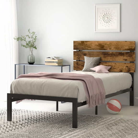 Sha Cerlin Twin Size Rustic Country Style Metal Platform Bed with Wooden Headboard and Strong Metal Slats, Dark Brown