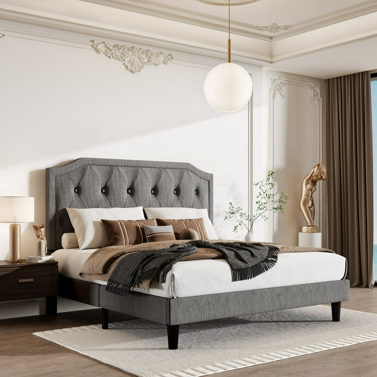 Sha Cerlin Upholstered Full Size Platform Bed Frame with Curved Rhombic Button Tufted Headboard Light Grey