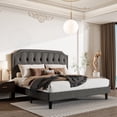 thumbnail image 1 of Sha Cerlin Upholstered King Size Platform Bed Frame with Curved Rhombic Button Tufted Headboard, Dark Grey, 1 of 8
