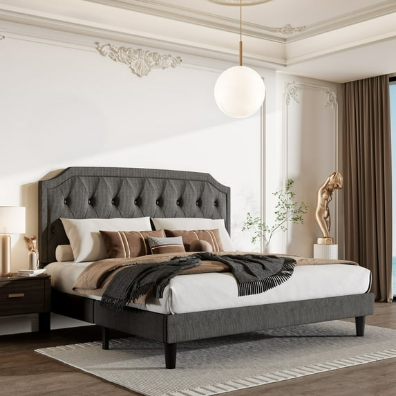 Sha Cerlin Upholstered King Size Platform Bed Frame with Curved Rhombic Button Tufted Headboard, Dark Grey
