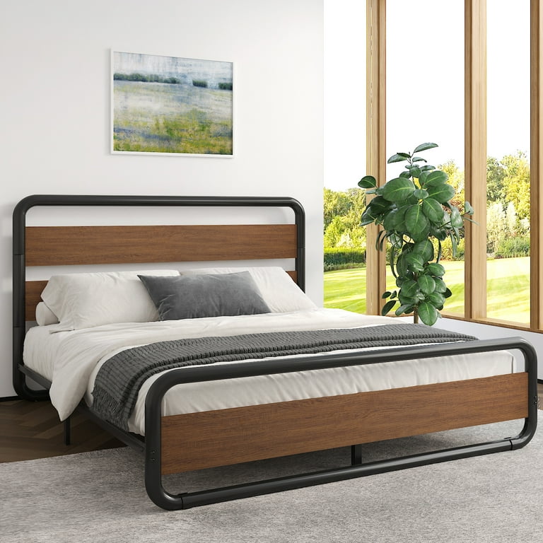 Sha Cerlin Walnut Full Size Heavy Duty Metal Platform Bed Frame with Wooden Headboard Underbed Storage Adult