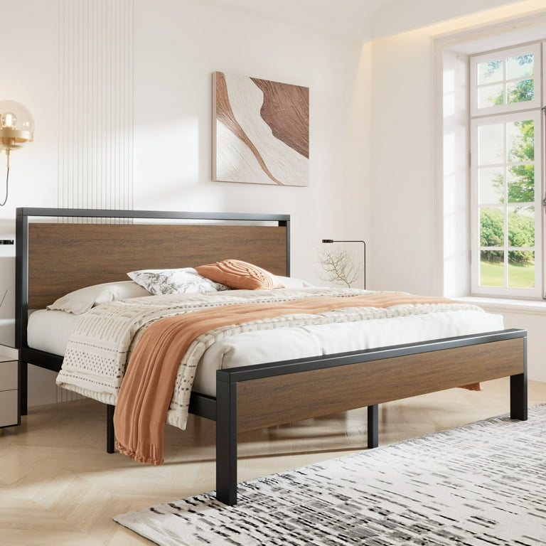 Sha Cerlin Walnut King Size Metal Platform Bed Frame with Wooden Headboard Footboard Adult